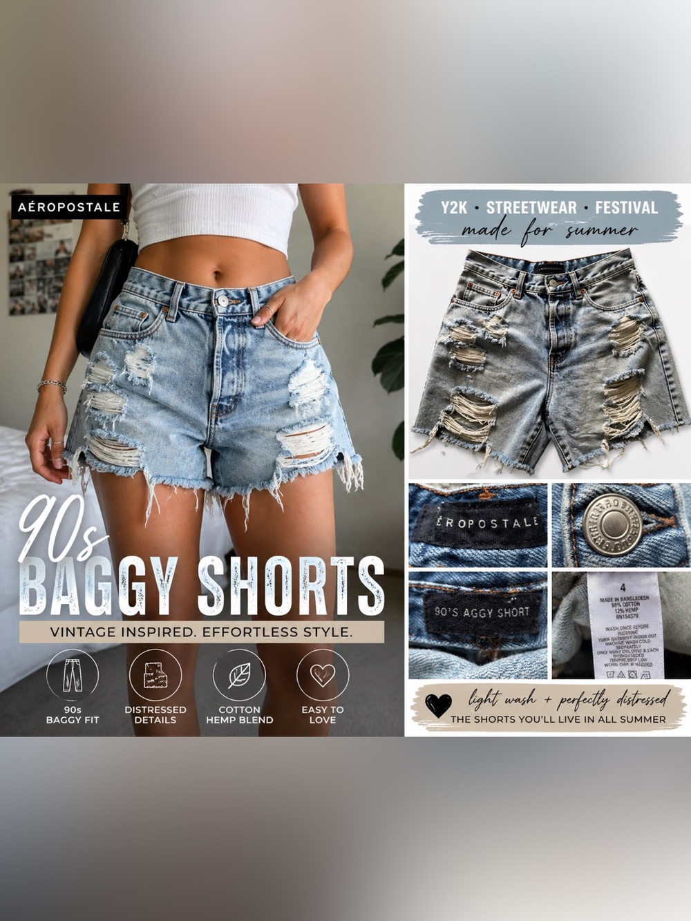 Y2K Aéropostale 90s Baggy Shorts Size 4 Distressed Denim High Rise Light Wash